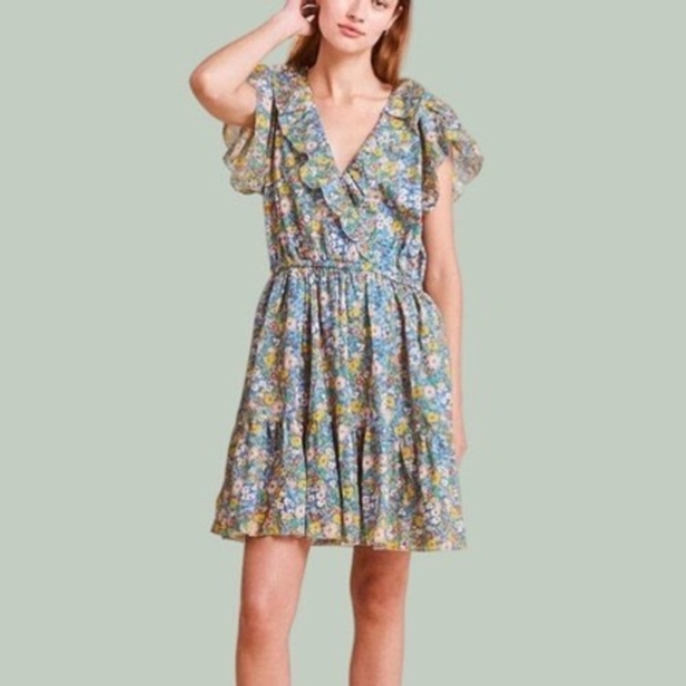 Trovata Birds of Paradis Marcella Ruffle Wrap Mini Dress Flutter Sleeve pockets